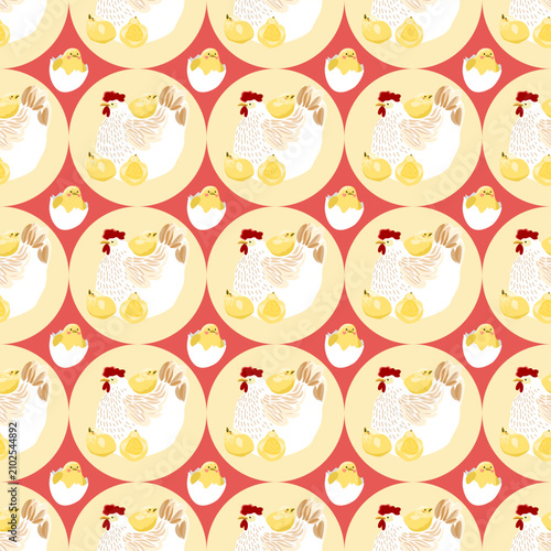 Easter seamless pattern with cute hen and chickens, spring farm animals repeat background for textile and wrapping paper
