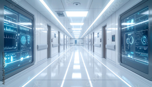 Futuristic hospital corridor with glowing data screens and advanced technology.