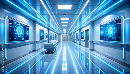 Futuristic hospital hallway with glowing blue lights and digital displays.