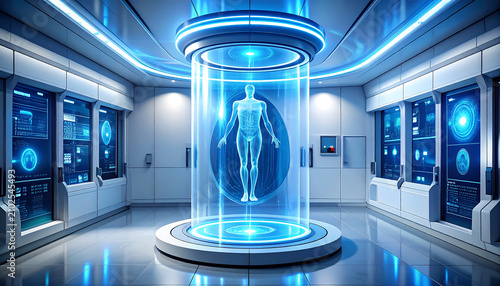 Futuristic Human Hologram in Advanced Science Lab.
