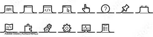 Coding Icon Set including web, programming, software, cursor, code, puzzle, interface, window, jigsaw, program, api, coding, settings, pointer, mouse. Vector icon collection.