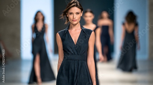 Diverse runway models presenting spring summer designer collection, luxury fashion show, flowing garments, sophisticated monochrome palette
