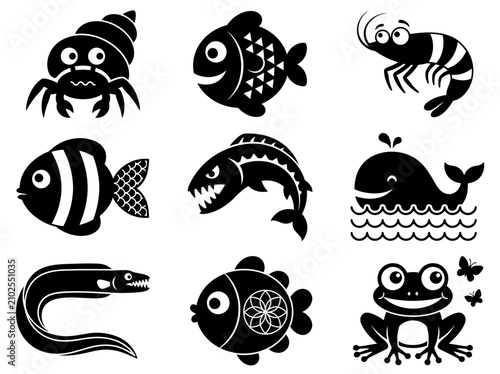 Canvastavla Set of 9 black sea animal silhouettes including fish, whale, frog, and shrimp icons