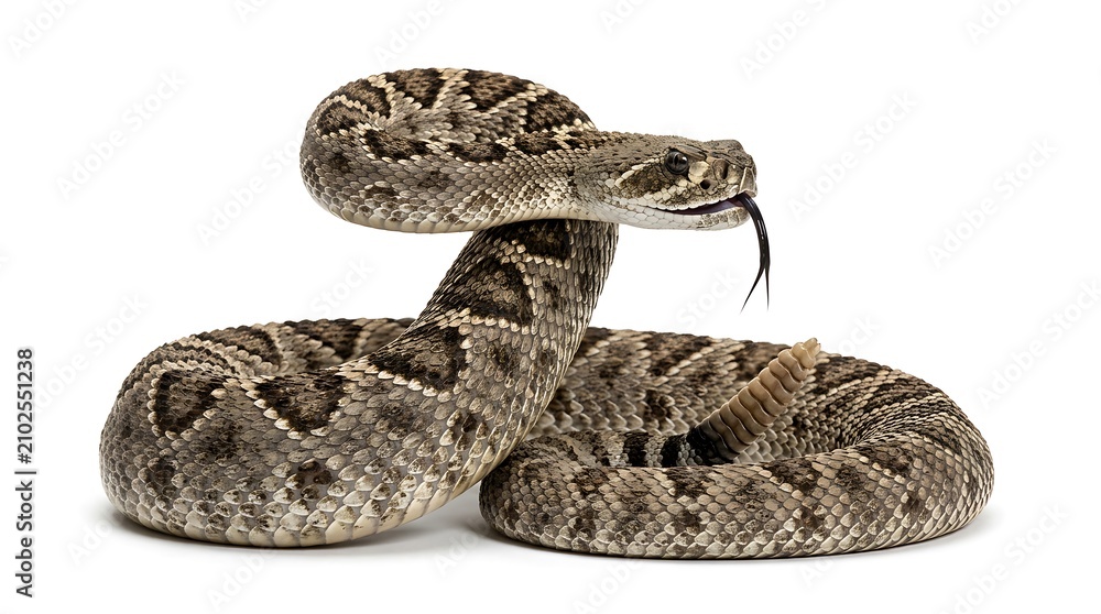 Obraz premium Diamondback rattlesnake coiled and flicking its tongue, isolated on white background