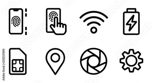 Bild auf Leinwand Mobile interface icon set, device interaction and app development symbols, rounded outline with thick stroke vector illustration for smartphone design, user manuals and prototyping