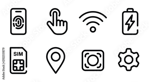 Bild auf Leinwand Mobile interface icon set, device interaction and app development symbols, rounded outline with thick stroke vector illustration for smartphone design, user manuals and prototyping