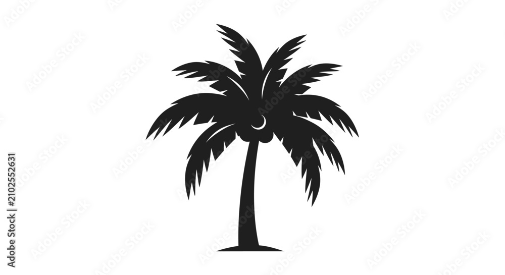Naklejka premium A dark silhouette of a tropical palm tree with feathered fronds against a white background silhouette plant