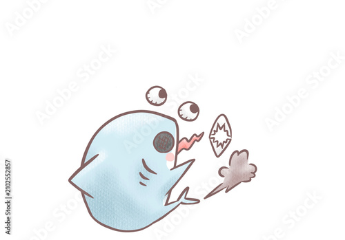 Cute baby shark with popping eyes and teeth from surprise, funny shocked expression, kawaii marine animal cartoon illustration isolated on transparent background
