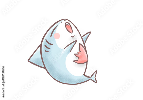 Cute baby shark with a starfish stuck to its belly, funny underwater friendship, kawaii marine animal cartoon illustration isolated on transparent background