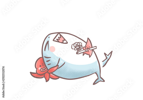 Cute baby shark being doodled on by a mischievous starfish while an octopus holds it still, funny underwater prank, kawaii marine animal cartoon illustration isolated on transparent background