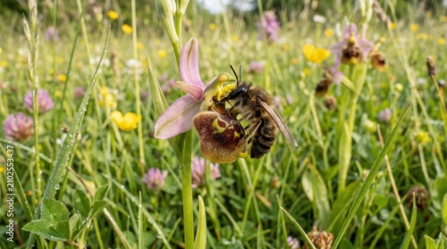 Beautiful close up view of wild bee orchid blossom being pollinated by honeybee inside bright green wildflower meadow