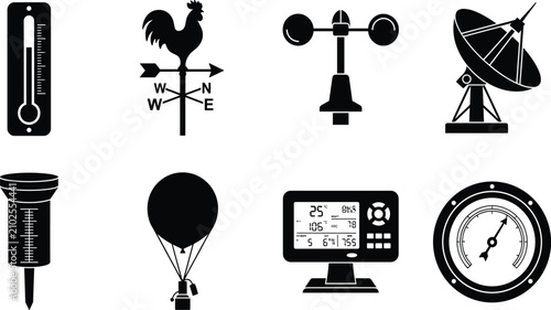 Foto Meteorology and weather forecasting station icon set featuring black silhouettes of thermometer weather vane anemometer and digital barometer isolated on white background