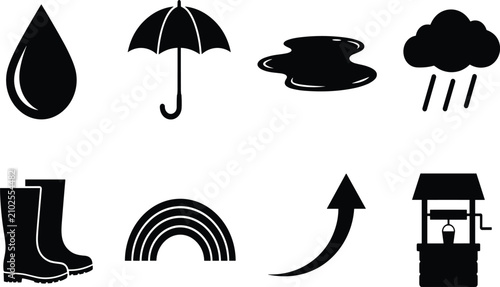 Tableau sur toile Rainy weather and water source icon set featuring black silhouettes of raindrop umbrella puddle boots and well isolated on white background
