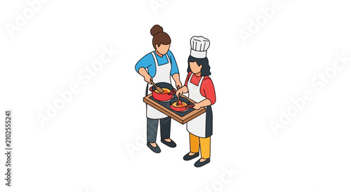 Fotografie Women working together in a kitchen preparing hot meals