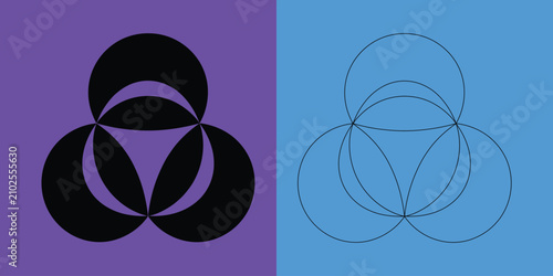 Geometric symbol featuring three intersecting circles in solid black and outline styles on purple and blue backgrounds