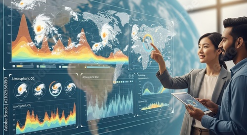 Diverse team analyzing global climate data on a futuristic interactive touchscreen display with earth background