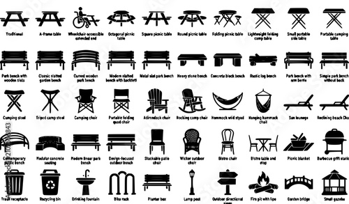 Black Picnic Table and Outdoor Bench Silhouette Vector Icons for Park Furniture