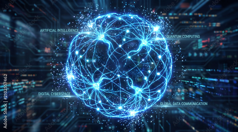Naklejka premium Futuristic blue neural network sphere emitting bright light particles. Perfect concept for artificial intelligence, quantum computing, digital cyberspace