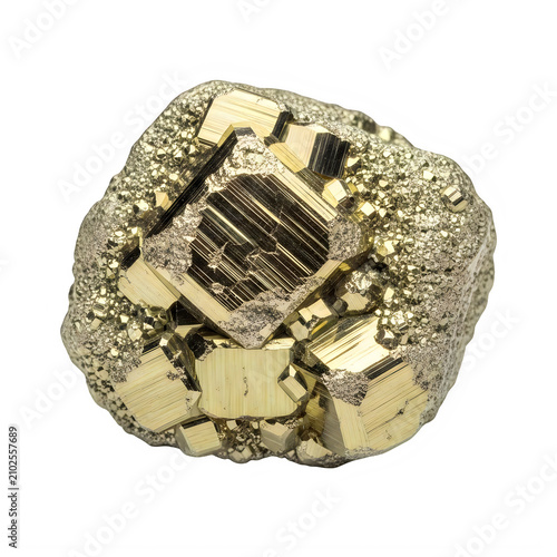 Metallic pyrite crystal cluster isolated on transparent background with cubic structures reflective