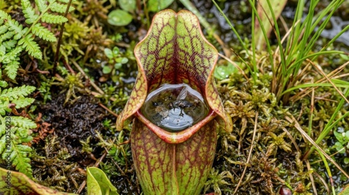 Extreme close up portrait of wild carnivorous pitcher plant nepenthes holding clear rain water pool on mossy forest floor