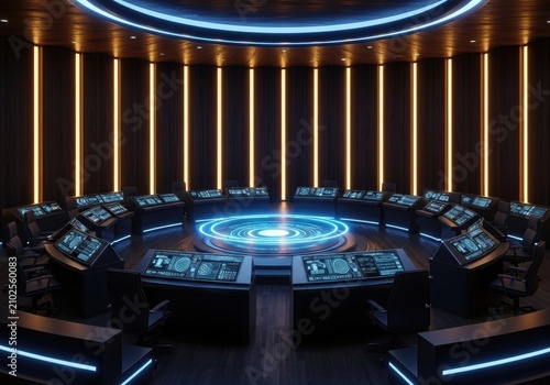Futuristic Command Center with Circular Holographic Display and Neon Lighting.