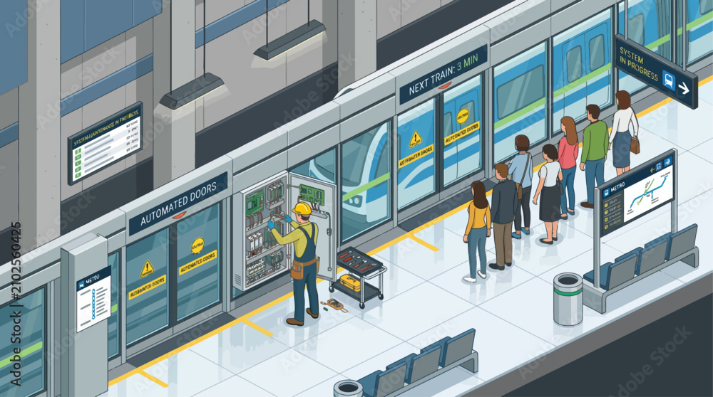 Obraz premium Isometric subway station maintenance scene with technician repairing automated door control panel while commuters wait for train platform vector illustration