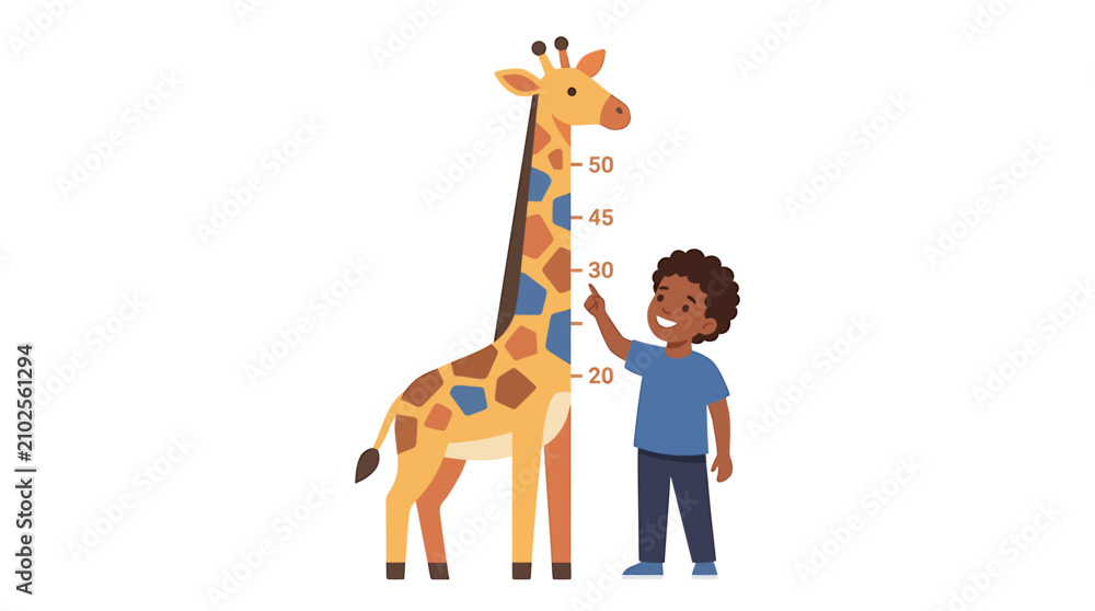 Naklejka premium Boy Standing Against Colorful Giraffe Height Chart in Clinic