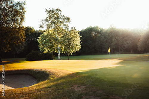 Golf course putting green with sand bunker and yellow flag, receiving