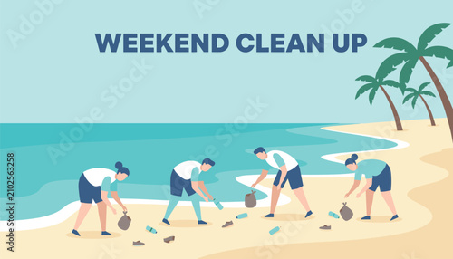Eco friendly volunteers gathering together to clean up plastic waste and trash on a sandy beach during a weekend event.