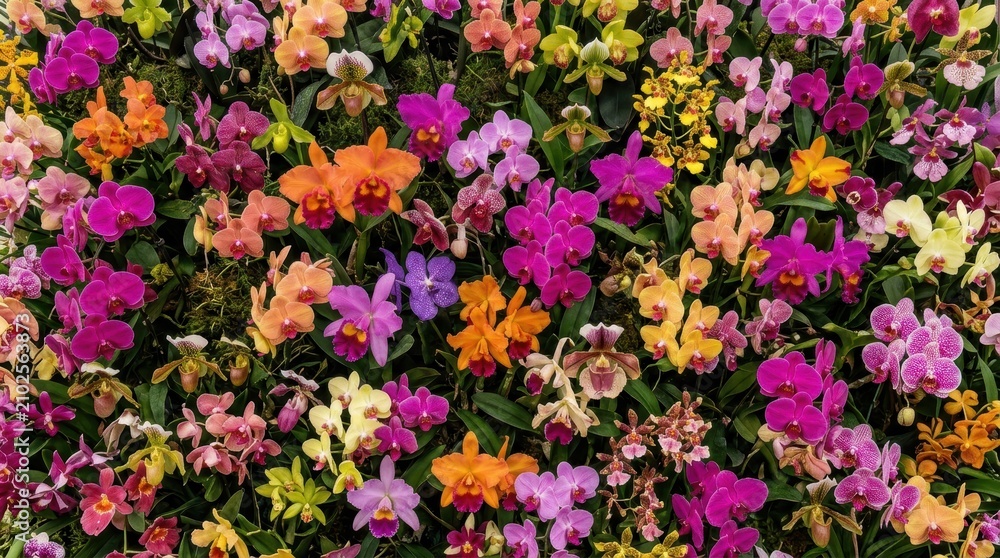 Fototapeta premium Colorful Mixed Orchid Flowers Blooming Vibrantly Outdoors.