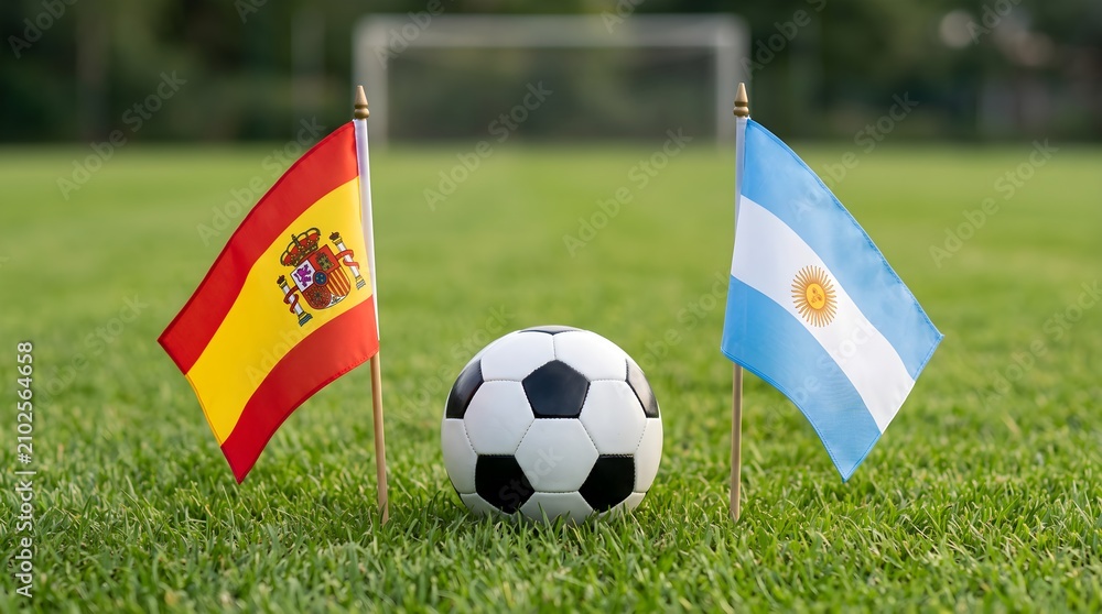 Fototapeta premium Two National Flags With Soccer Ball On Grass Field For Football Match Concept