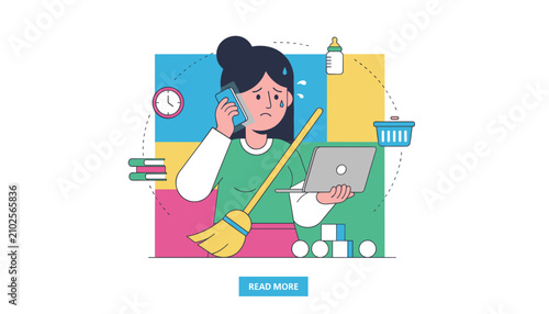 Overwhelmed and stressed mother multitasking household chores, baby care, and working on her laptop, cartoon vector.