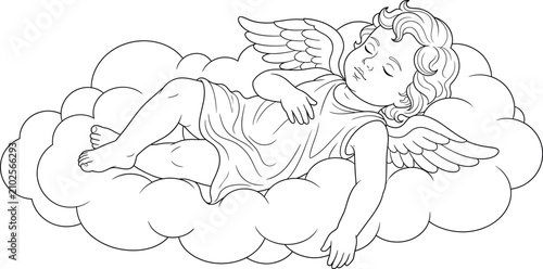 Φωτογραφία Sleeping Angel on Cloud Line Art Coloring Page Vector Illustration for Kids and