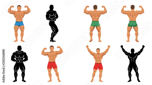 Tableau sur toile Set of vector collection featuring different bodybuilder action poses, front dou