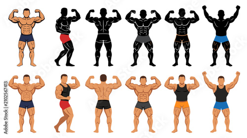 Tableau sur toile Professional vector collection featuring different bodybuilder action poses, fro