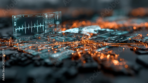 Futuristic digital motherboard with glowing orange data particles, high-tech electronic circuit board, holographic medical heart rate monitor display