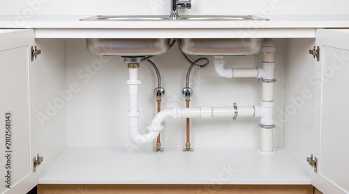 Kitchen Double Sink Plumbing System with PVC Drain Trap and Water Supply Lines
