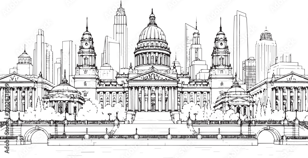 Obraz premium City landscape. Line urban backdrop, different buildings on street, doodle street draw, outline cityscape hand sketch, flat houses. Hand drawn vector illustration