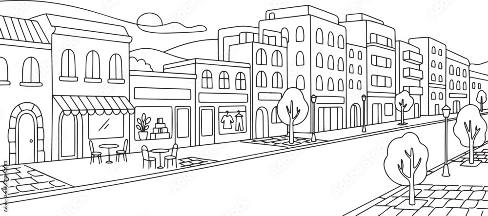 Obraz premium City landscape. Line urban backdrop, different buildings on street, doodle street draw, outline cityscape hand sketch, flat houses. Hand drawn vector illustration