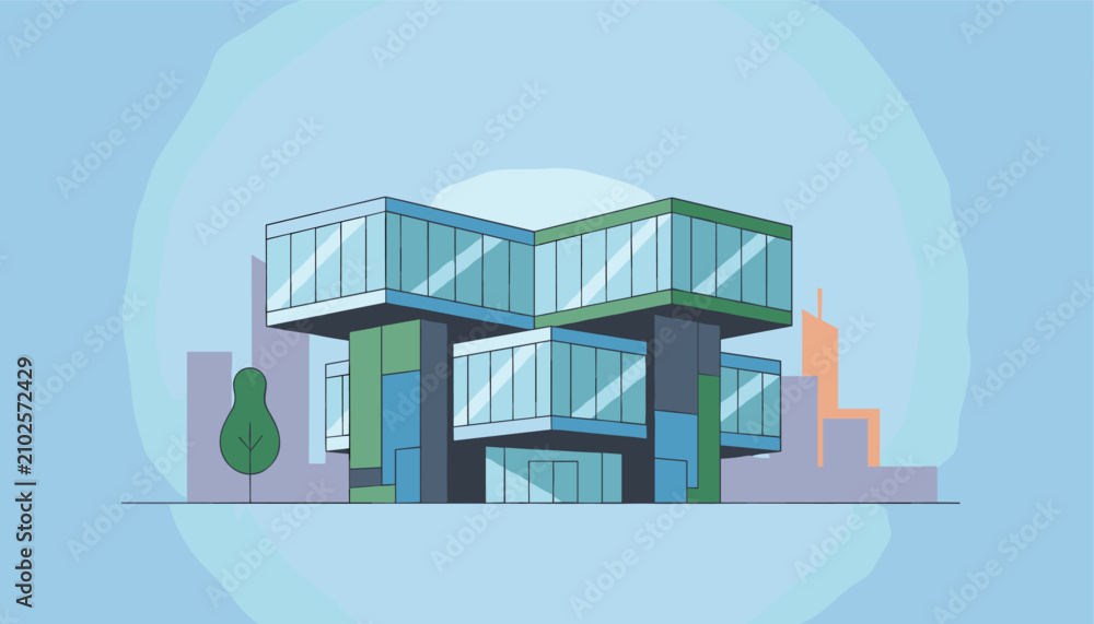 Fototapeta premium Modern commercial office building featuring blocky cantilevered glass architecture sits against a stylized blue sky and city skyline background.