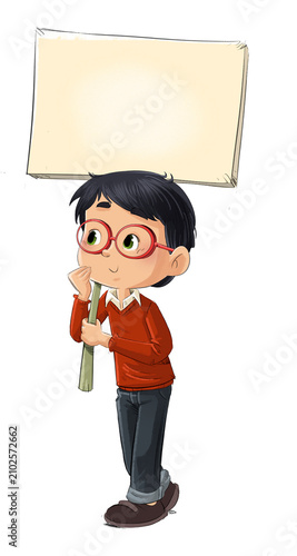 Niño con gafas caminando y sosteniendo una pancarta, ilustración infantil