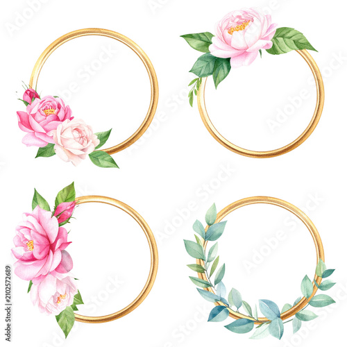 Floral. Frames. Pink. Green. Gold.