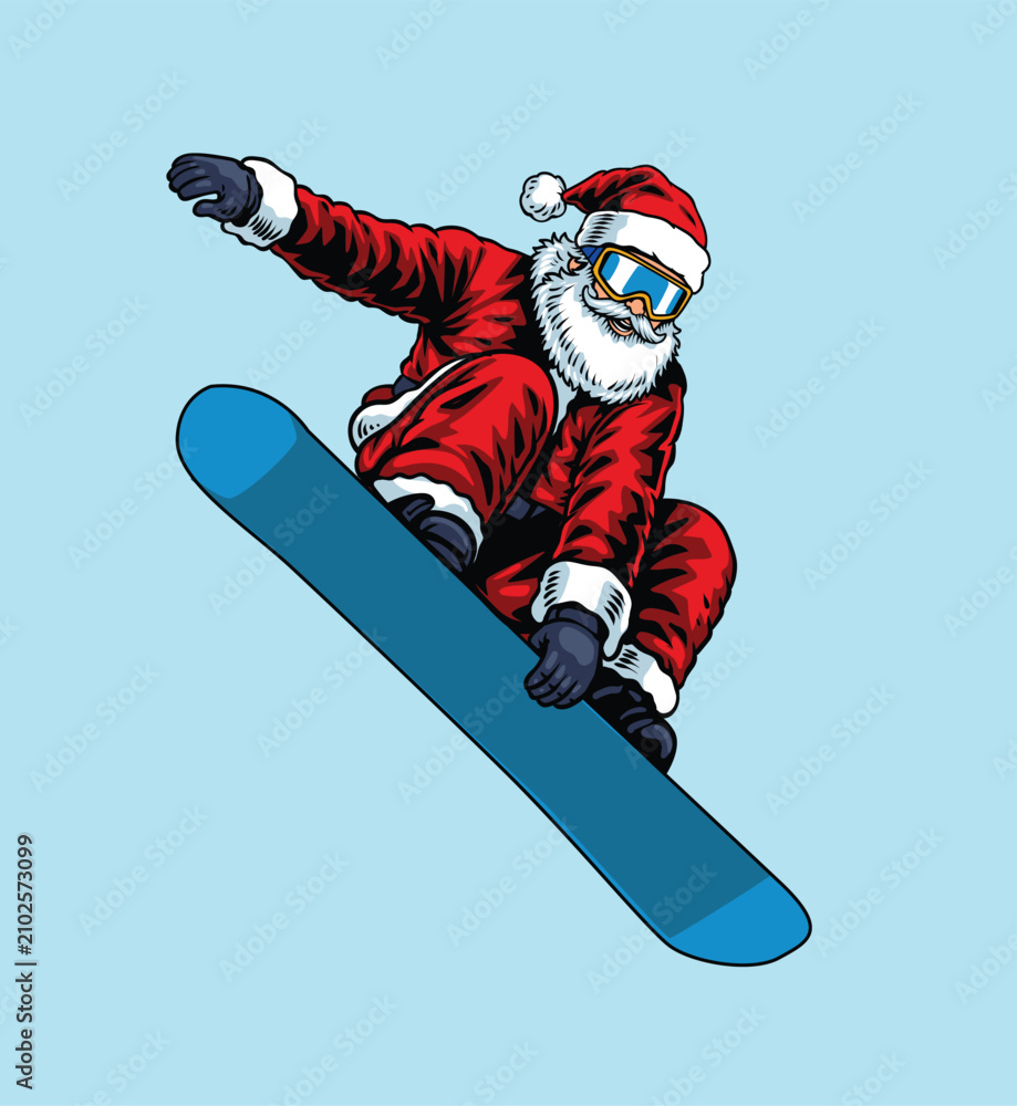 Fototapeta premium Detailed vintage hand drawn illustration of Santa Claus performing a high jump trick on a blue snowboard