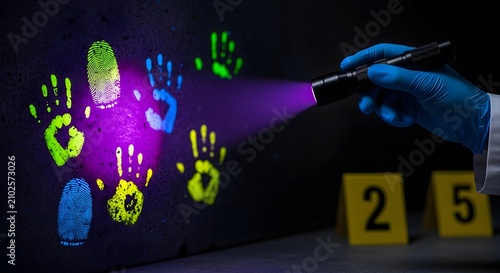 Forensic investigation scene with glowing UV handprints and evidence markers