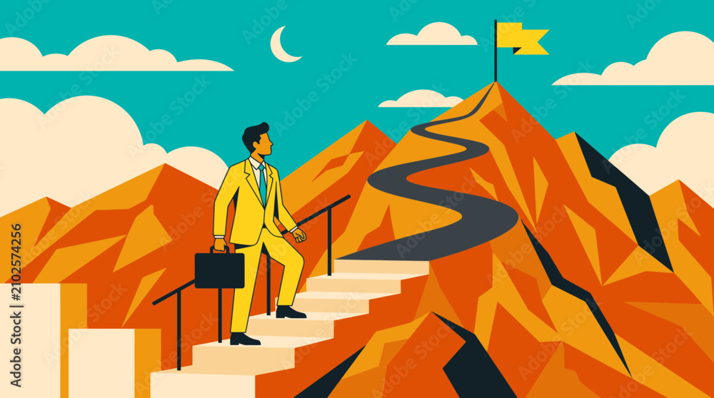Fototapeta premium Businessman in yellow suit carrying briefcase climbing stairs towards winding mountain path and flag at the summit, Represents career advancement and symbolizing professional success