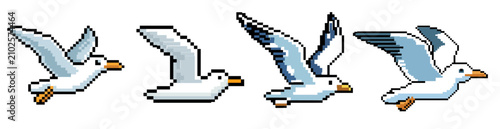 Set of flying seagull 8-bit pixel retro vector graphic icons