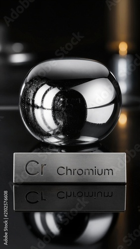 Shiny metallic sphere of chromium on display with label showing chemical symbol and name in laboratory setting
