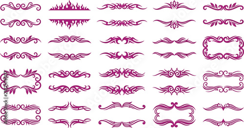 Fotografie Decorative tribal border and text divider vector set featuring purple fire flames, swirly calligraphic flourishes, and symmetric layout frames on white background