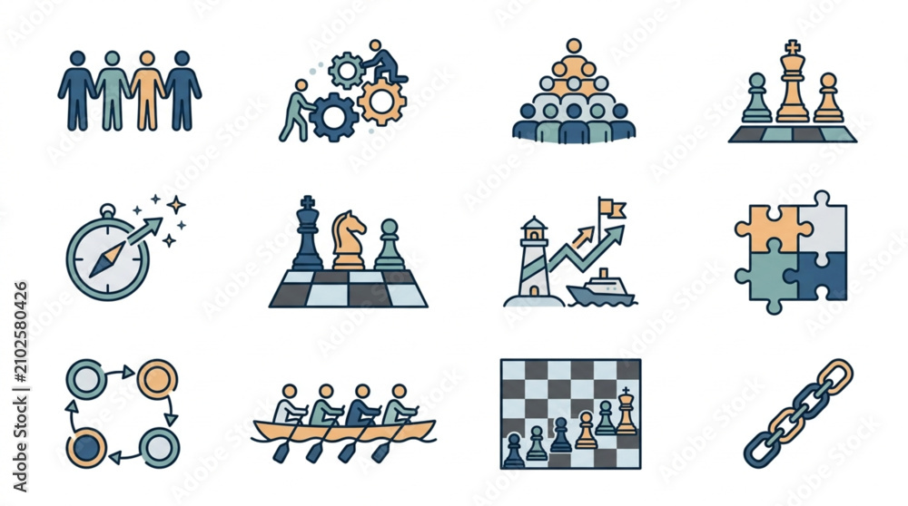 Naklejka premium Business Strategy and Teamwork Icons Set.