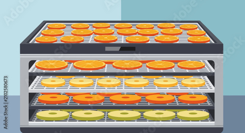 Electric food dehydrator drying sliced citrus fruit on trays in kitchen